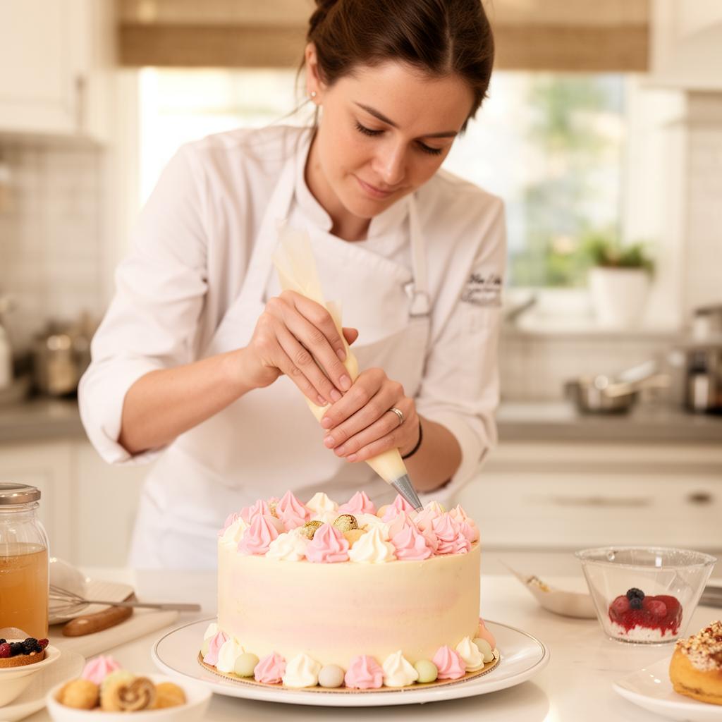 Confeiteira decorando um bolo